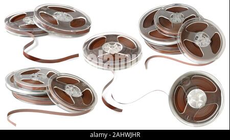 Isolated magnetic tapes. Collection of vintage reels of audio magnetic tape isolated on white background Stock Photo