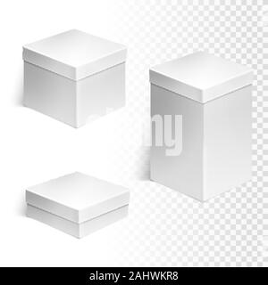 Set of three boxes over white background. Cardboard background for retail, white box container template, vector illustration. Stock Vector