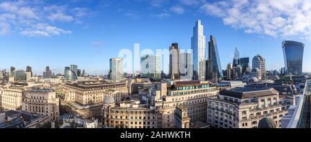 Panoramic view over the financial and insurance districts of the City of London and iconic modern architecture skyscrapers centred on 22 Bishopsgate