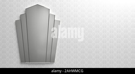 Art Deco style, home interior. Chrome frame mirror on wallpaper background silver and white color, copy space. 3d illustration Stock Photo