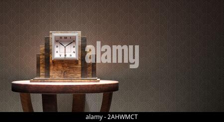 Classic vintage clock on a round table on wallpaper background. Art Deco style decoration, home interior, copy space. 3d illustration Stock Photo