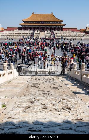 Large Stone Carving behind Hall of Preserving Harmony in The Forbidden City, Beijing, China Stock Photo