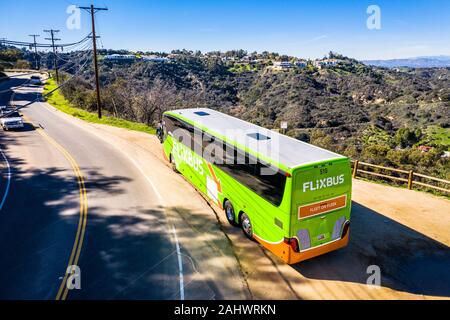 FlixBus green Passenger Bus, Los Angeles California. Intercity travel bus. Flix Bus. Stock Photo