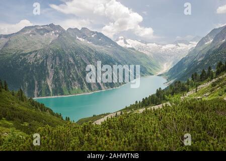 View of glacier and lake 'Schlegeis' in Tirol, Austria. Beautiful emerald or turquoise colored water. Stock Photo