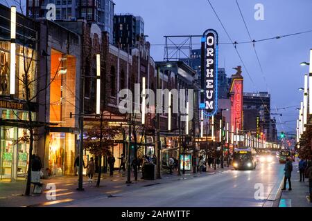 Orpheum Theatre neon sign at night, Granville Street, downtown Vancouver, British Columbia, Canada Stock Photo