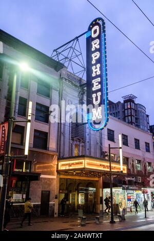 Orpheum Theatre neon sign at night, Granville Street, downtown Vancouver, British Columbia, Canada Stock Photo