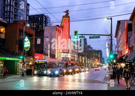 Vogue Theatre neon sign at night, Granville Street, downtown Vancouver, British Columbia, Canada Stock Photo