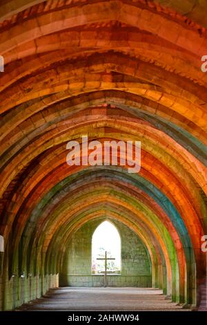 Illuminated Cellarium at Fountains Abbey in North Yorkshire Stock Photo