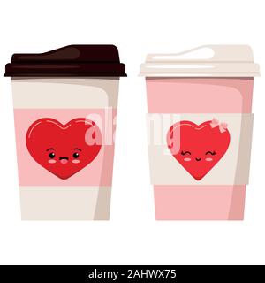 Coffee or tea couple paper cups decorated with emoji heart illustration isolated on white background. Stock Vector