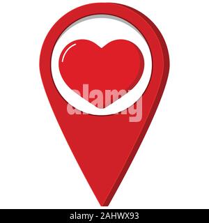 Red map pointer with red heart inside icon isolated on white background. Stock Vector