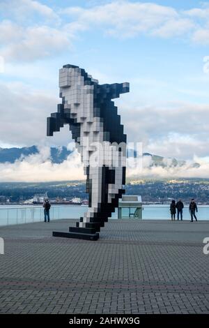 Digital Orca sculpture (2009) of a killer whale by Douglas Coupland, next to the Vancouver Convention Centre in Vancouver, British Columbia, Canada Stock Photo