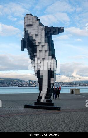 Digital Orca sculpture (2009) of a killer whale by Douglas Coupland, next to the Vancouver Convention Centre in Vancouver, British Columbia, Canada Stock Photo