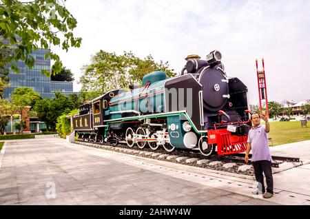 BANGKOK, THAILAND - December 23, 2018: Steam locomotive displayed at old Thonburi Station at Bangkok Noi district, now Siriraj Bimuksthan Museum. Stock Photo
