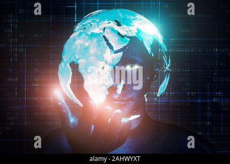 Alien, android, humanoid cyborg watching a holographic blue Earth planet levitating over his hand. Sci-fi, futuristic, science and technology 3d rende Stock Photo