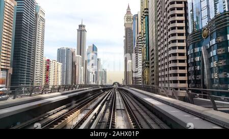 Dubai cityscape view from Dubai metro. Stock Photo