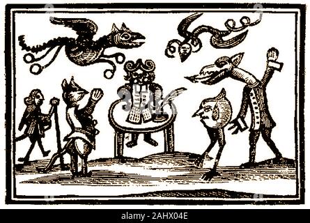 A very early woodcut engraving showing gremlins, dragons, goblins and other magical creatures having been called by a wizard or warlock , sitting centre. Stock Photo