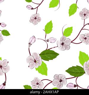 Seamless fabric texture print. Sakura on white background seamless pattern. Vintage japanese pink template on light backdrop. Spring floral texture Stock Vector