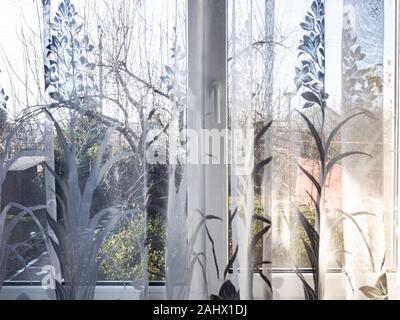 view of backyard of country house through window with tulle in sunny winter day Stock Photo