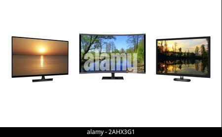 Television monitors isolated on white background. Full HD TV. LCD Television. TV monitors showing images of nature. 4k monitor isolated on white. Flat Stock Photo