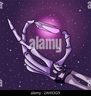 Skeleton zombie holding a glowing radioactive amethyst stone in his hands. Drawing of a dead human hand under the starry night sky. Stock Vector