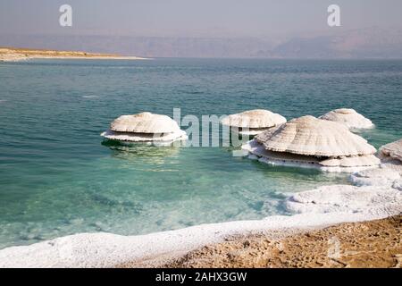Dead Sea salt chimneys in Israel form where fresh water flows into the saline water and are exposed as water levels drop. Stock Photo