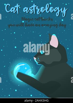 Astrological black cat holding a moon on her paws, conceptual poster. Wiccan dark animal and superstition Stock Vector