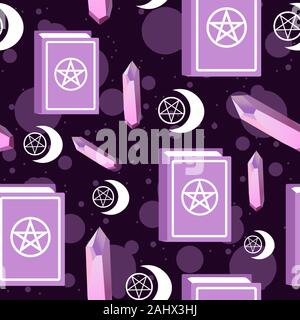 Amethyst, stars and moon pagan symbol and spell book seamless pattern. Repetitive background with precious stones, spells and wicca symbols. Stock Vector
