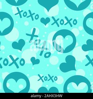 Blue hearts and Xoxo text with circles, seamless pattern. Repetitive background for Valentine's Day. Stock Vector