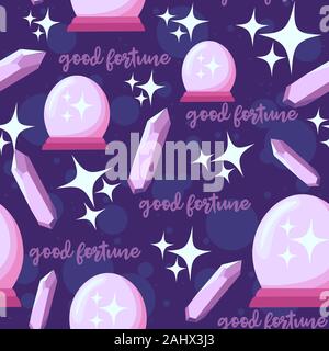 Galaxy themed seamless pattern with crystal ball telling, amethyst, stars and good fortune. Repetitive occult background with shades of pink and purpl Stock Vector