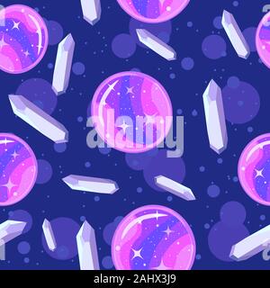 Moon shaped magic ball and amethyst crystal seamless pattern. Violet repetitive background about spirituality, paganism and good energy. Stock Vector