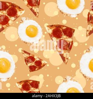 Pizza slices with pepperoni, cheese and fried eggs, fast food seamless pattern. Breakfast oily meal repetitive background. Stock Vector