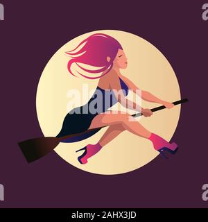 Young witch with a wild hair and high heels flying under the moon light. Flat illustration of a woman with pink shoes and purple dress. Stock Vector
