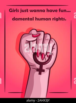 Drawing of a woman fist in the air holding the feminine symbol, standing for equality in human rights. Pink feminist poster for powerful girls. Stock Vector