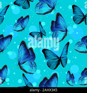 Turquise butterflies and blue bubbles on background flying. Seamless pattern, repetitive pattern for spring and summer insects. Stock Vector