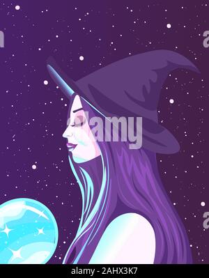 Meditating wiccan witch with purple hair holding a glowing neon crystal ball. Fortune teller absorbing energy from a magic object. Stock Vector
