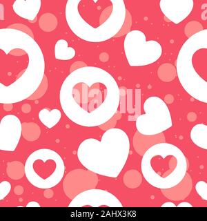 Empty and full hearts in white and pink colors with circles on background. Repetitive valentine's day motif for the month of love Stock Vector