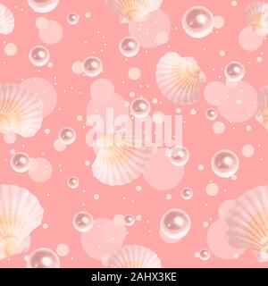 Seashells and pearls on a pastel seamless pattern with pink circles and bubbles. Repetitive background with water marine life Stock Vector