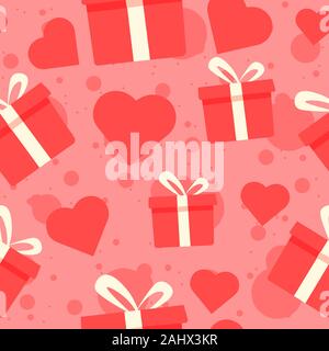 Gift boxes and red hearts seamless pattern. Repetitive background with presents and pink decorations Stock Vector