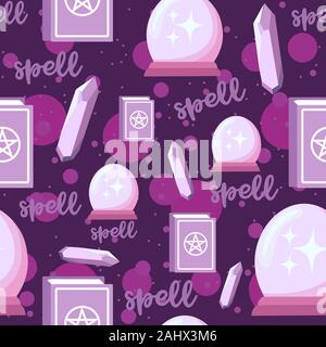 Alchemy seamless pattern with spell books, amethyst crystals and magic globe. Repetitive pink and purple occult background with stones and rituals Stock Vector