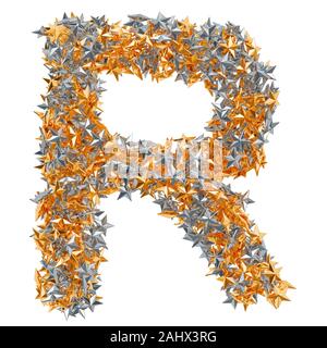 Letter R from gold and silver stars, 3D rendering isolated on white background Stock Photo