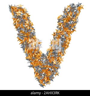 Letter V from gold and silver stars, 3D rendering isolated on white background Stock Photo