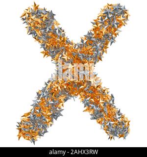 Letter X from gold and silver stars, 3D rendering isolated on white background Stock Photo