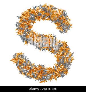 Letter S from gold and silver stars, 3D rendering isolated on white background Stock Photo