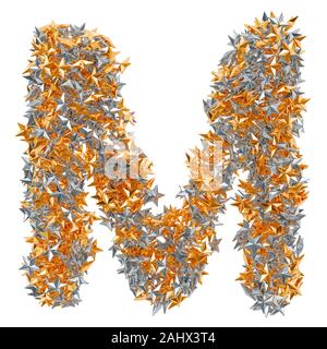 Letter M from gold and silver stars, 3D rendering isolated on white background Stock Photo