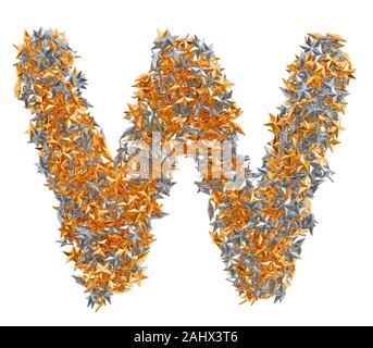 Letter W from gold and silver stars, 3D rendering isolated on white background Stock Photo