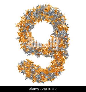 Number 9 from gold and silver stars, 3D rendering isolated on white background Stock Photo