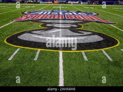 New Orleans, Louisiana, USA. 01st Jan, 2020. Allstate Sugar Bowl logo at midfield prior to NCAA Football game action between the Georgia Bulldogs and the Baylor Bears at Mercedes-Benz Superdome in New Orleans, Louisiana. John Mersits/CSM/Alamy Live News Stock Photo