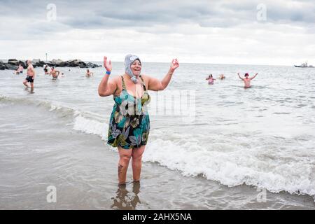 Brooklyn, New York, USA- January 01, 2020: New Year's Day Polar Bear Plunge, Coney Island, Brooklyn. Stock Photo