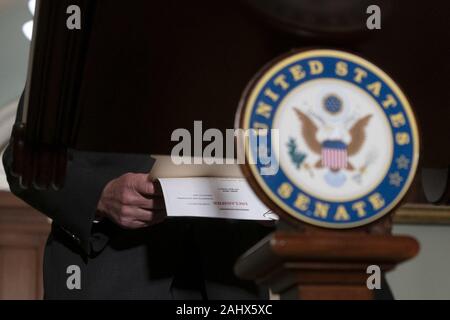 Washington, District of Columbia, USA. 25th Sep, 2019. Senate Minority Leader Chuck Schumer, a Democrat from New York, arrives prior to a news conference in Washington, DC, U.S., on Wednesday, Sept. 25, 2019. Schumer spoke about the contents of the released transcript of a conversation between President Donald Trump and Ukrainian President Volodymyr Zelenskyy. Credit: Alex Edelman/ZUMA Wire/Alamy Live News Stock Photo