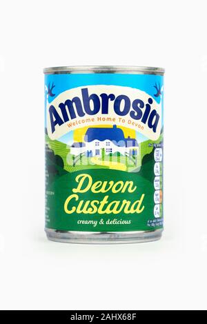 A can of Ambrosia Devon Custard shot on a white background. Stock Photo
